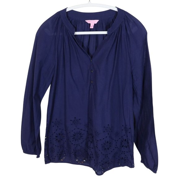 LILLY PULITZER Elsa Eyelet Long Sleeve V Neck Henley Top Size  S Preppy Boho - Picture 1 of 6